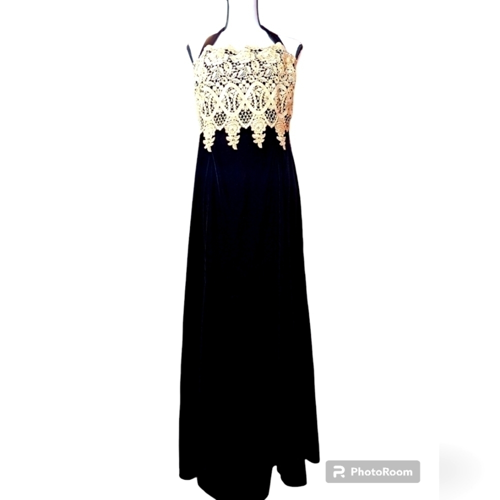 Jessica McClintock sz 14 y2k vintage velvet Maxi dress Gold lace bodice